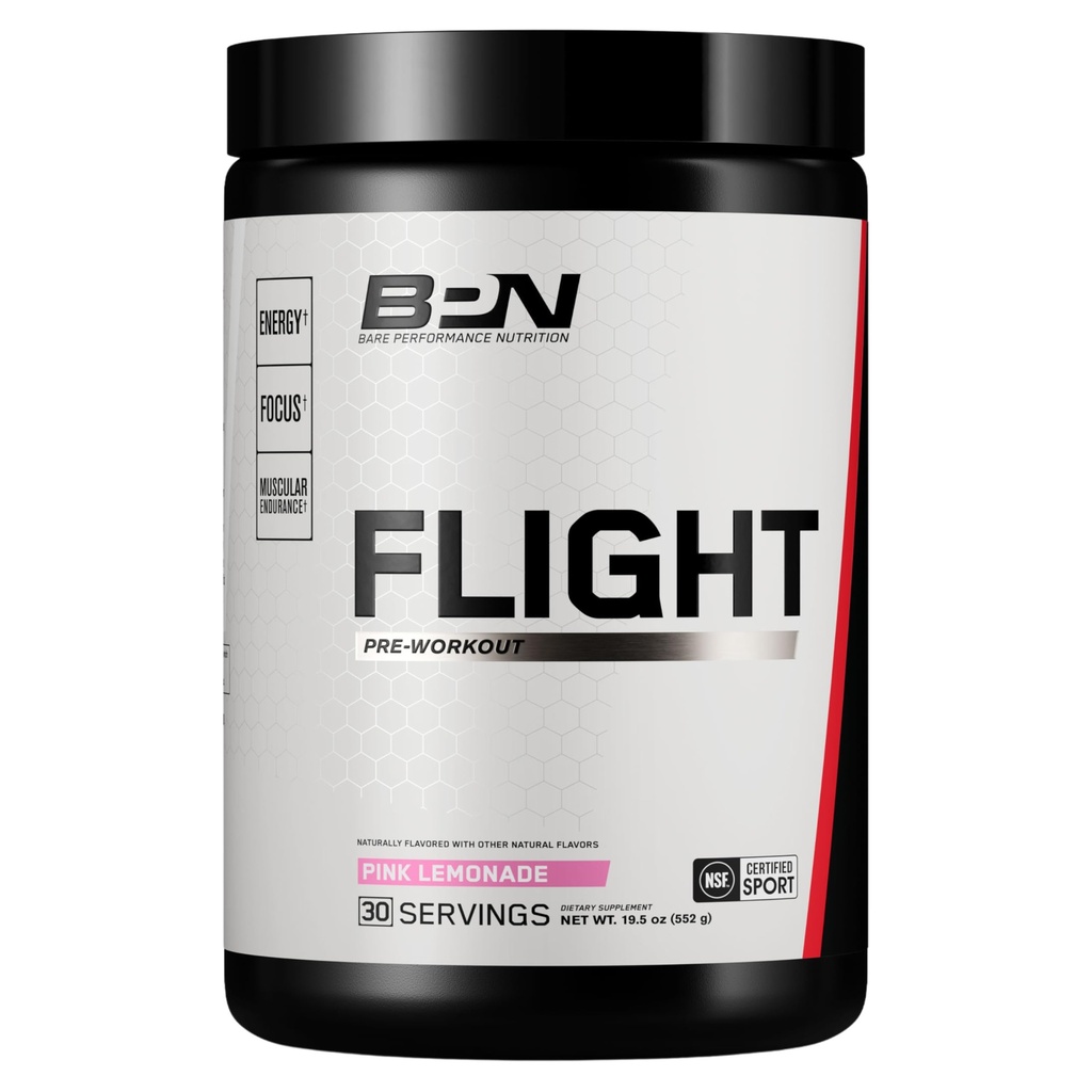 BARE PERFORMANCE NUTRITION BPN Flight Pre Workout, Supports Energy and Mental Focus, Mejora de la resistencia y bombas musculares con CarnoSyn® Beta Alanine, Pink Lemonade, 30 Servings