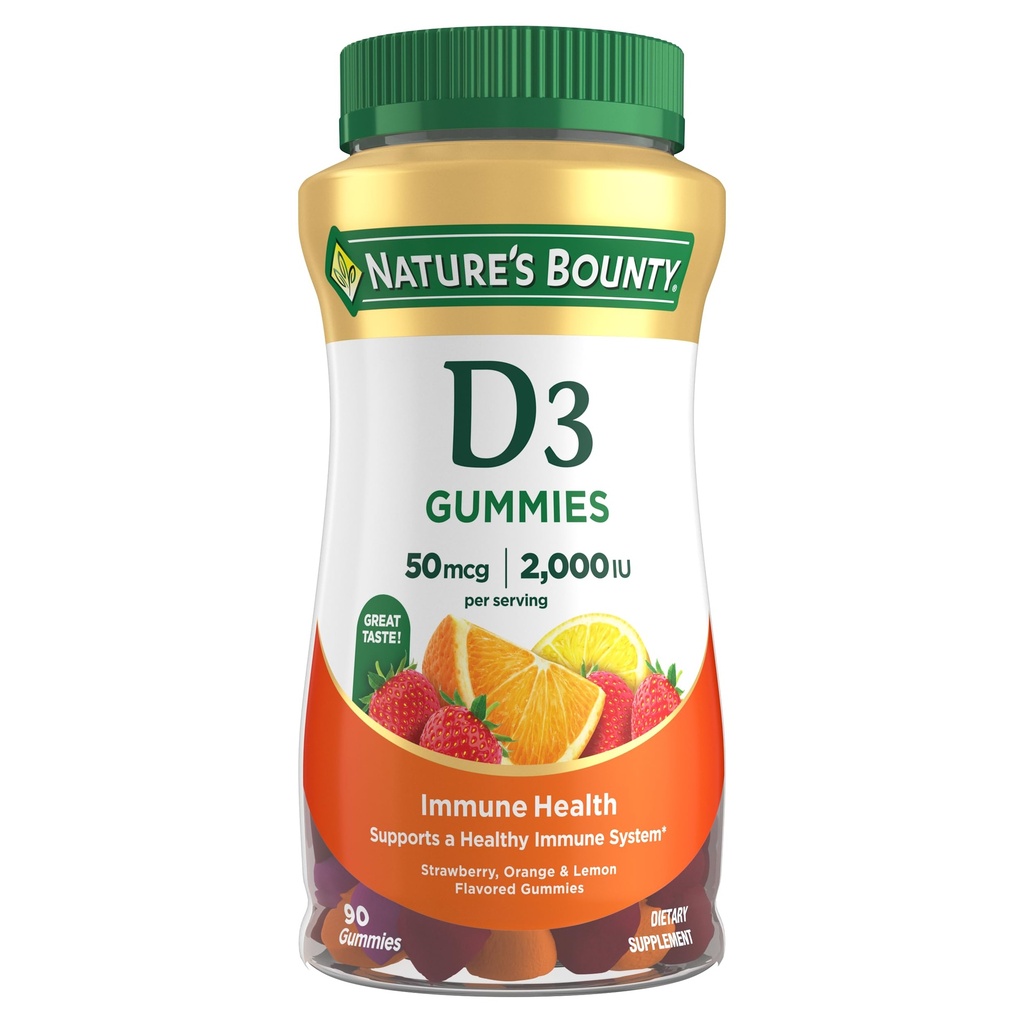 La recompensa de la naturaleza Vitamina D3 Gummies, Suplemento de vitaminas, soporta la salud inmune, 50mcg, 2000IU, sabor a fruta mixta, 90 Gummies