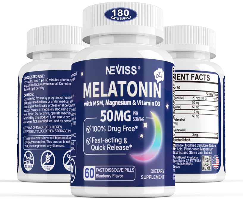 Melatonina 50 mg para adultos - Extra Strength 9-in-1 Fast Dissolve Sublingual - w/Vitamin D3 &amp; MSM, Relaxing Herbal Blend-Ashwagandha, Lemon Balm, Passionflower,Chamomile,Sugar Gratis, Vegan 180 Servimientos