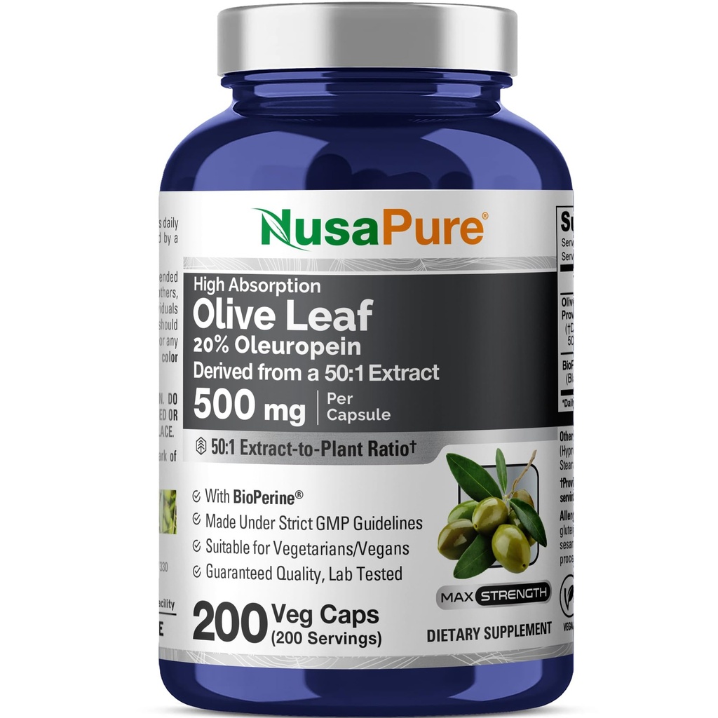NusaPure hoja de oliva 20% Oleuropea 50:1 Extracto, 500 mg Equivalente a 25.000 mg 200 tazas Apto para vegetarianos y veganos, No GMO