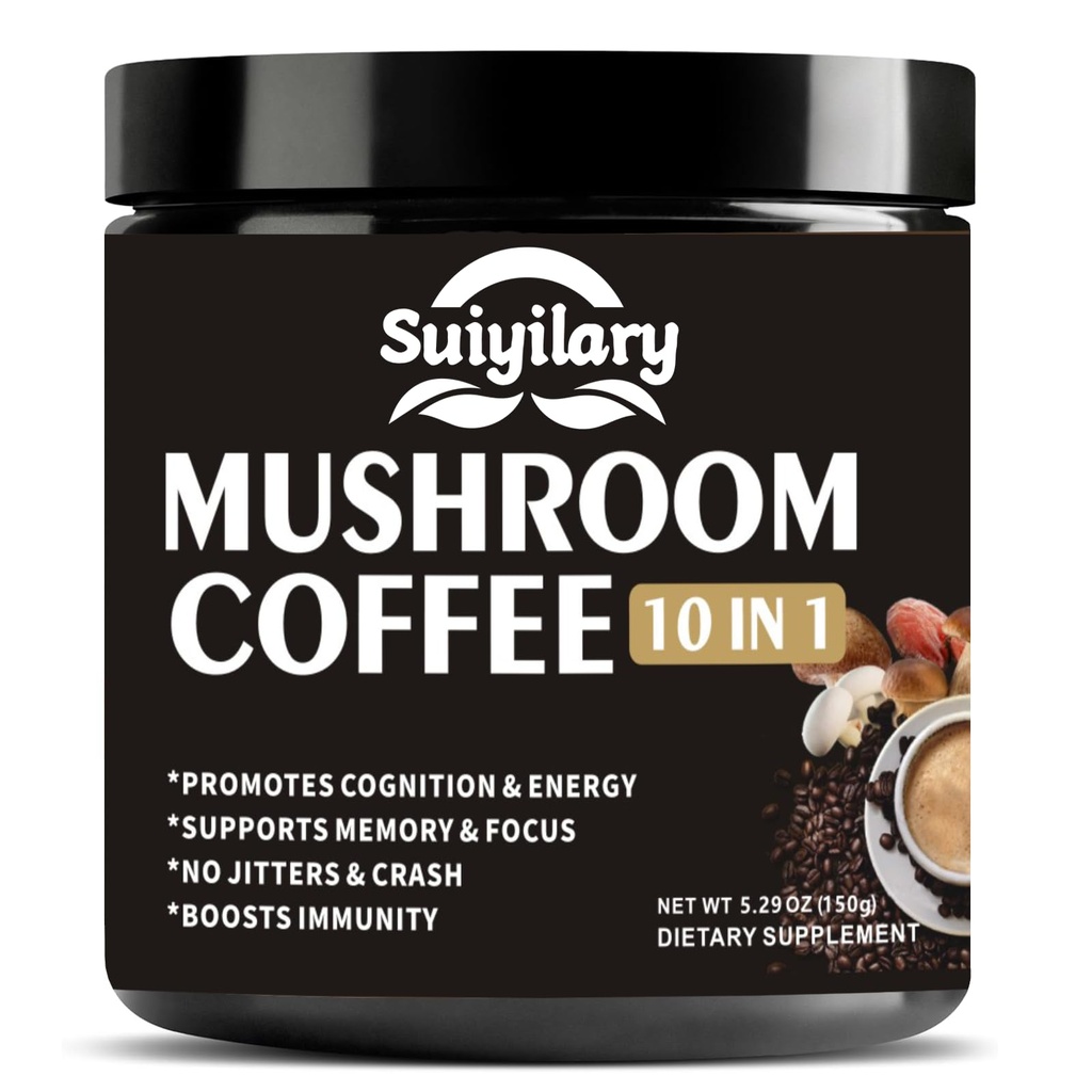 Café de seta, 10 Mushroom Extract Powder Blend Lion's Mane, Reishi, Chaga, Cordyceps, Turquía Tail, Brain Supplements with Instant Coffee for Energy, Focus, Memory and Immunity 150g