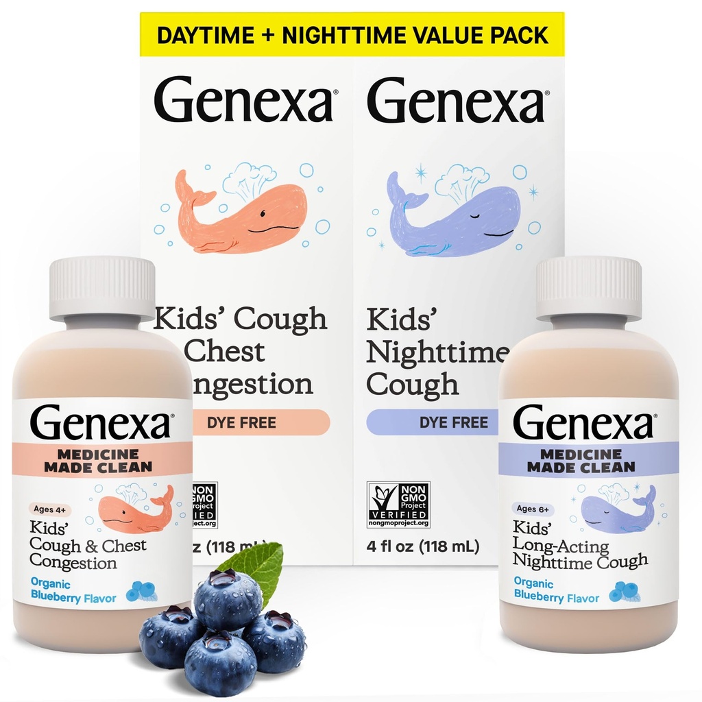 Genexa Kids' Clean Day & Night Cough Medicine, Dye Free, 0% Artificial Additives, Children's Cough, Chest Congestion, Runny Nose &amp; Sneezing Relief, Ages 6+, Organic Blueberry Flavor, 8 fl oz (2 Pack)