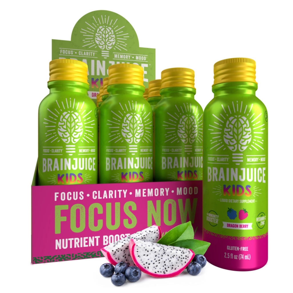 BrainJuice Kids Brain &amp; Immune Support Shot, Gluten Free Supplement Shots for Energy, Focus, Immunity with Vitamin D, C, B, Alpha GPC & Organic Ginger Root, Ages 5+, Dragon Berry, 2.5 fl oz, 12 Pack