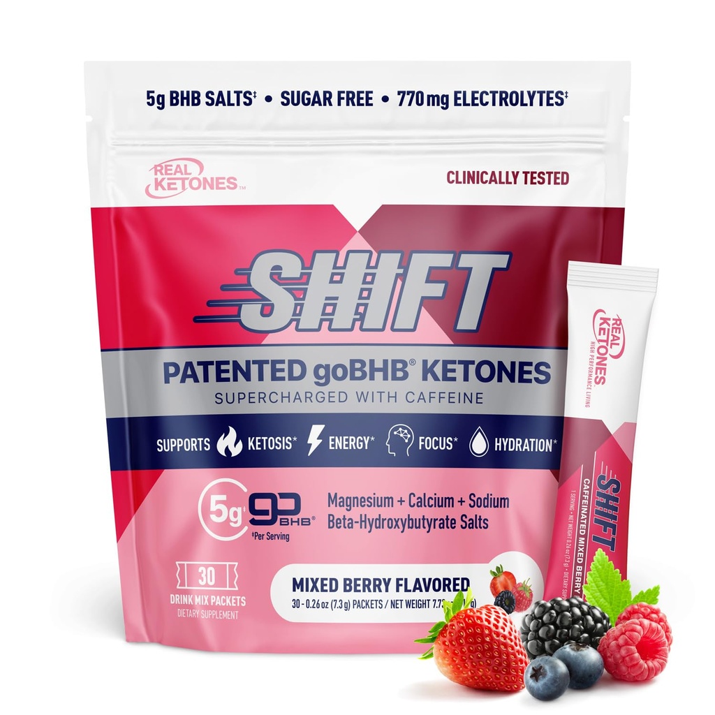 Real Ketones BHB Cetonas Exógenas Bebidas Mix Packets Keto Electrolitos Powder Packets No Sugar con 4 Electrolitos de Ayuno Principal Más Hidratación Patented Keto BHB - 30 Cuenta de Caffeine de Berry mixto