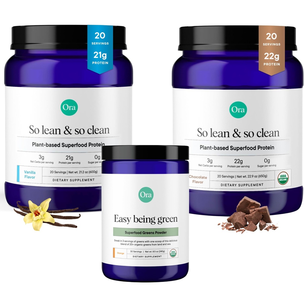 Ora Organic Vegan Protein Powder Chocolate, Vanila &amp; Greens Powder Bundle: 22g Plant Based, Chocolate, 20 Servings + 21g Plant Based, Vanilla, 20 Servings + Organic Super Greens Drink, 30 Servings