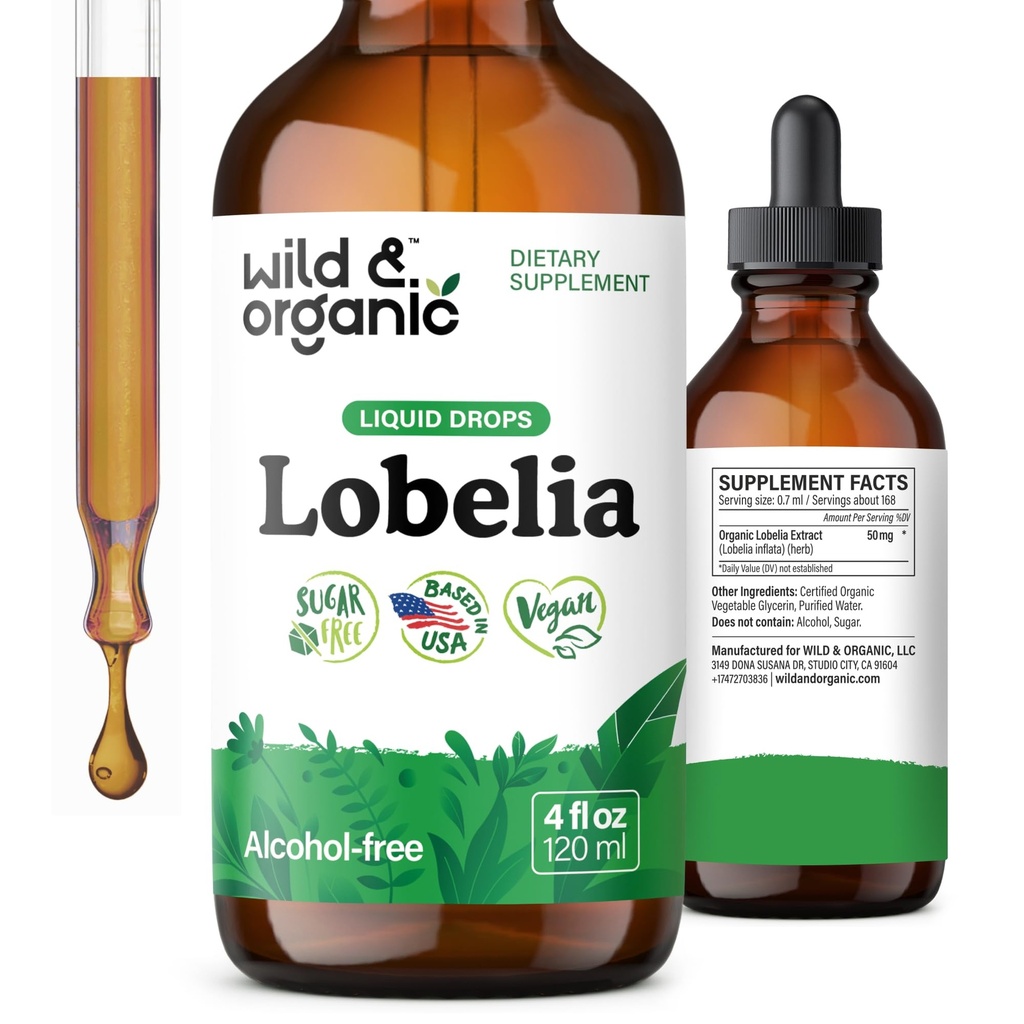 Wild &amp; Organic Lobelia Tincture - Lung Detox and Cleanse - Liquid Lobelia Herb Supplement - Vegan, Sugar &amp; Alcohol-Free Leaf Extract Drops - 4 fl oz