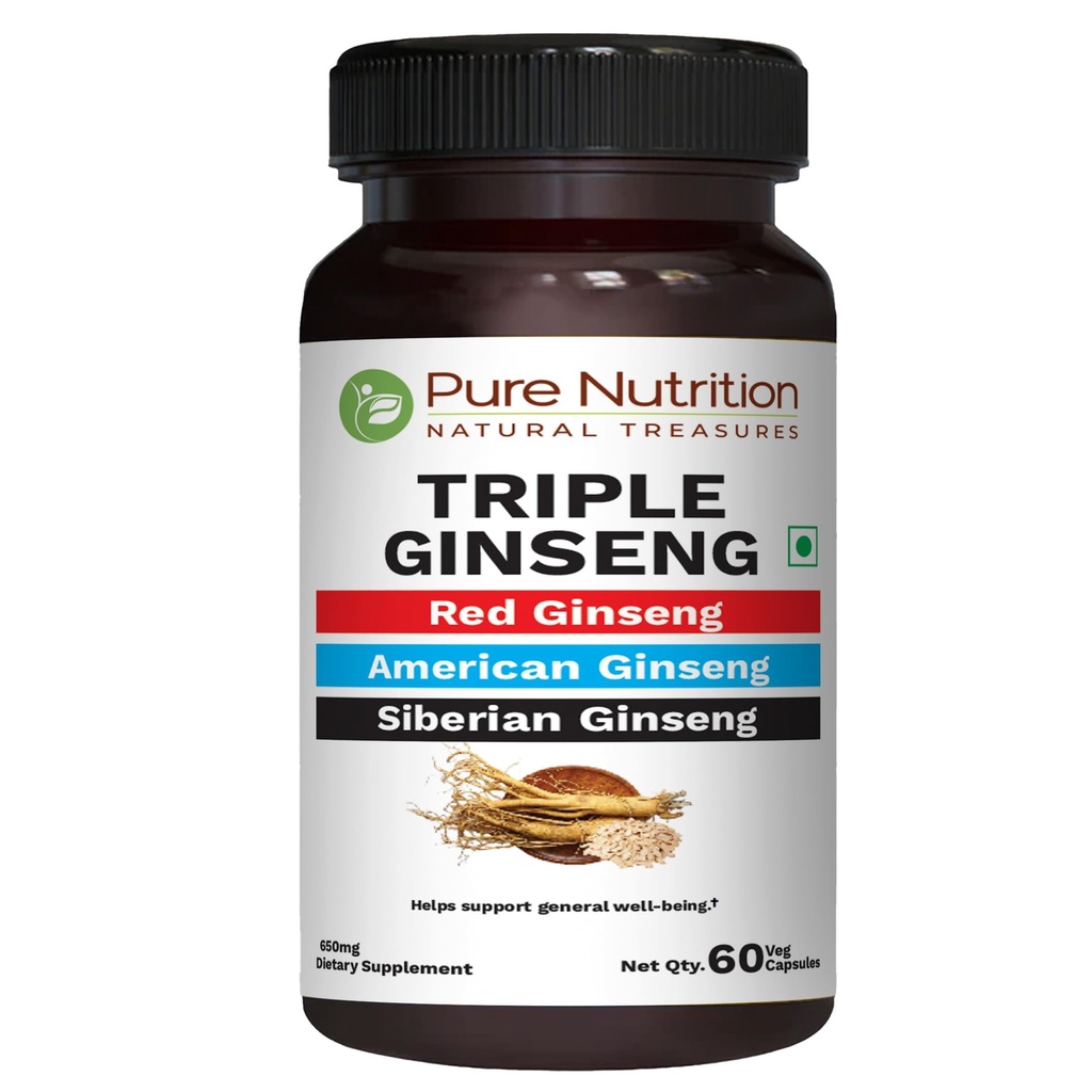 Ginseng triple de nutrición pura - una combinación única y efectiva de Ginseng rojo, Ginseng americano y Ginseng siberiano. 790mg por Capsule Silencio 60 Veg Caps Pack
