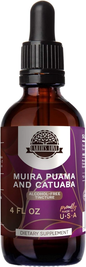 Amor de la Tierra - Muira Puama y Catuaba Extracto herbario libre de alcohol Tintura, Superconcentrado (Ptychopetalum Olacoides y Trichilia catigua, Erythroxylum vacciniifolium) Hierbas secas (4 Fl Oz)