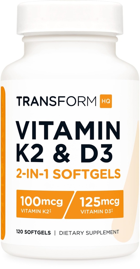 TransformHQ Vitamina K2 (MK7) (100mcg) + Vitamina D3 (5000 UI) 120 Softgels - Gluten Free and Non-GMO