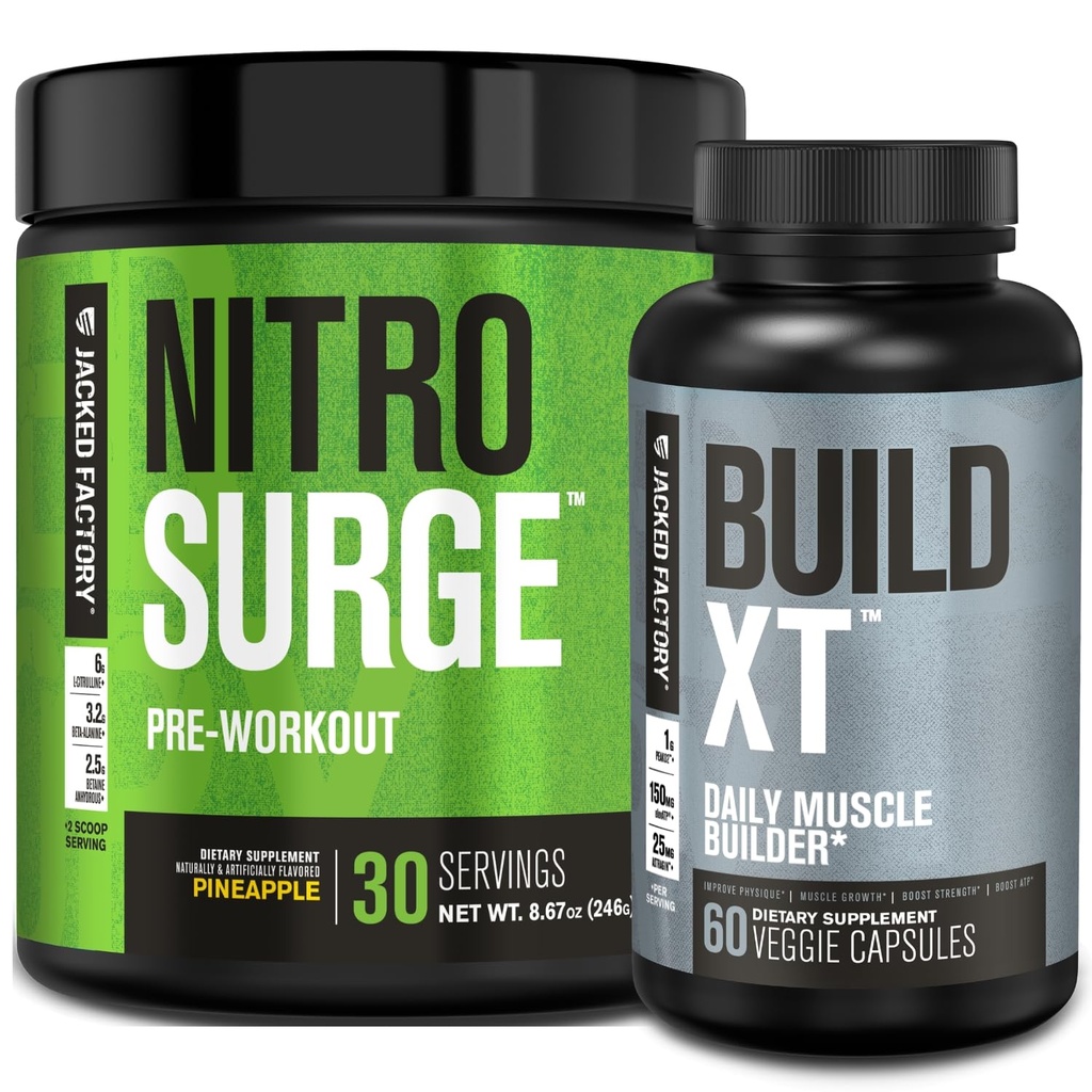 Jacked Factory Nitrosurge Pre-Workout en Pineapple &amp; Build XT Muscle Building Bundle for Men &amp; Women