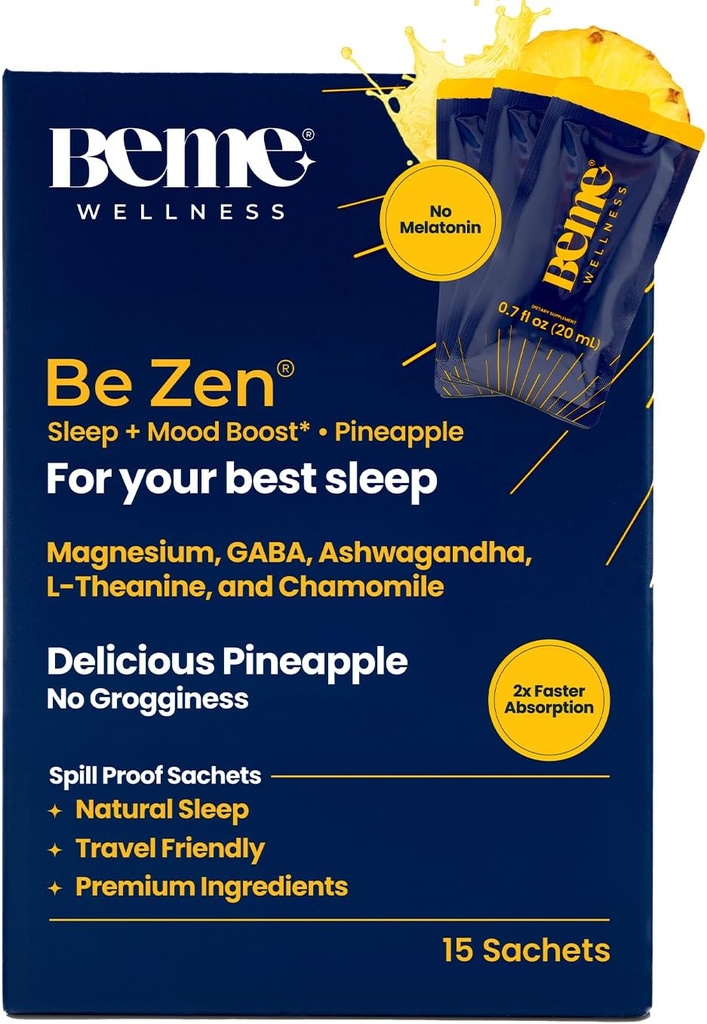 BeMe BeZen Sleep Aid Supplement Natural Without Melatonin - 2X Absorption Than Pills - Ayuda para adultos con Magnesio, Ashwagandha, Chamomile, L-Theanine & GABA - Delicious Pineapple