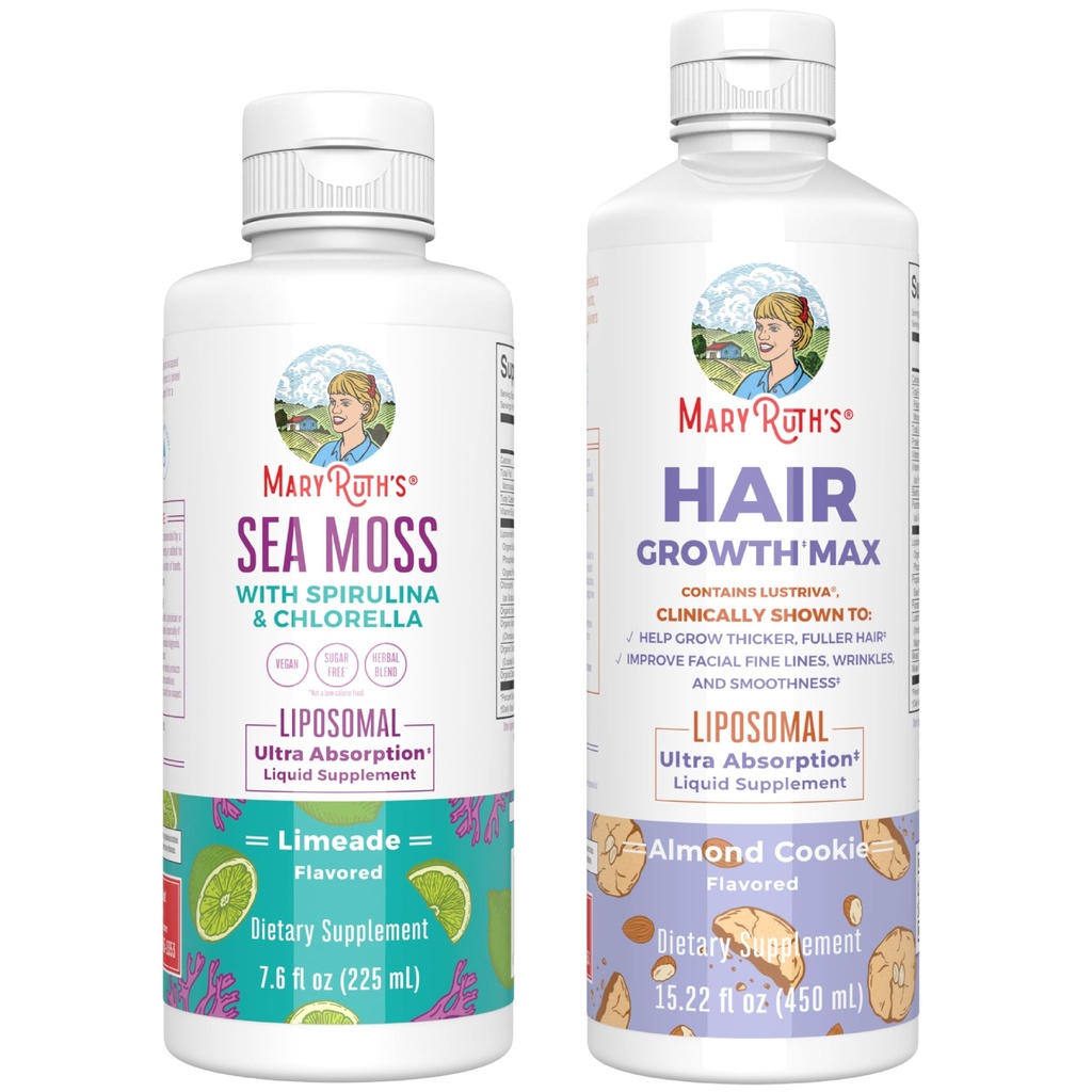 MaryRuth Organics Sea Moss Liposomal (Limeade) & Hair Growth MAX (Almond Cookie) ← Clean Label Project Verified® ← Vitaminas for Energy, Immunity, & Beauty perun, Gluten-Free, Non-GMO