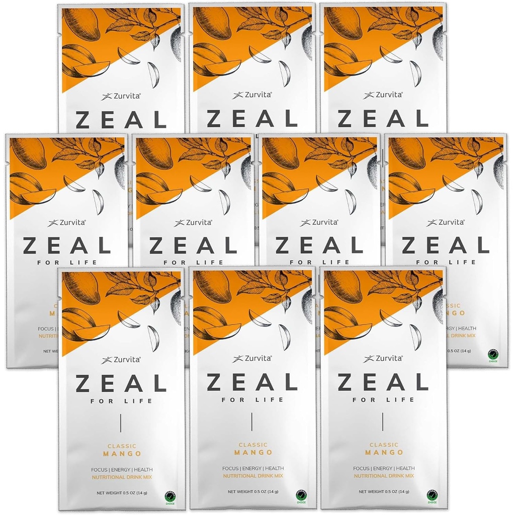 Zurvita - Zeal for Life Wellness Drink Mix - Classic Mango Flavor - Sin gluten, Vegan, con Biotina, Vitaminas y Minerales para la Salud - 10 Packets