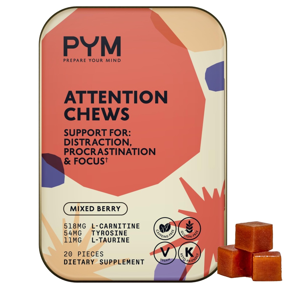 PYM Atención de cerdas Apoyo para la Procrastinación, Focus &amp; Productividad, 20 Conde TEN 518mg L-Carnitine, 54mg Tyrosine, 11mg L-Taurine, Caffeine-Free TEN All-Natural Mood Boost Supplement Made in USA