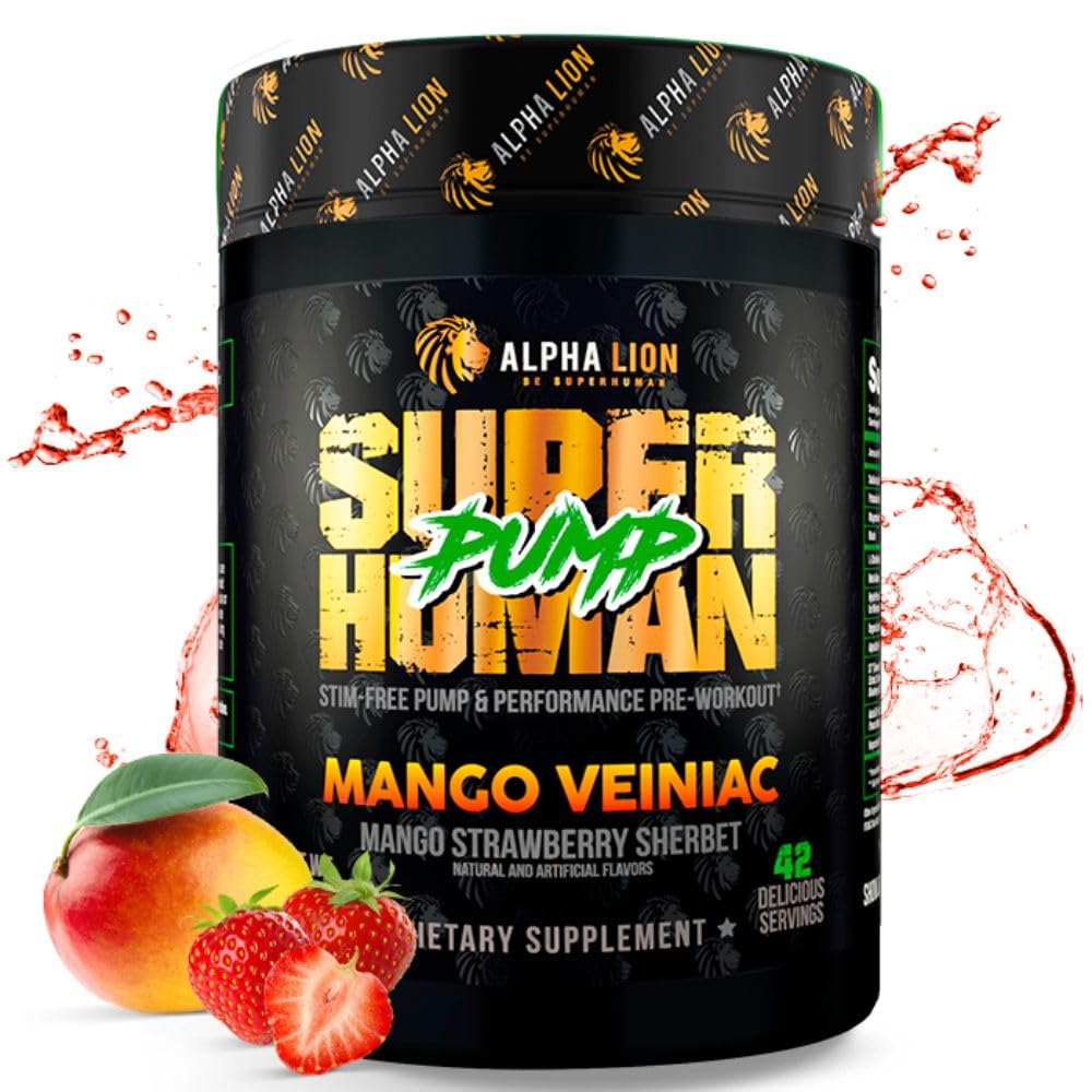 ALPHA LION Superhuman Pump Pre Workout Powder, Nootropic Caffeine &amp; Stim Free Preworkout Suplemento, Nitric Oxide Booster, Muscle Gainer, Energy & Focus (42 Servings, Mango Veiniac Flavor)