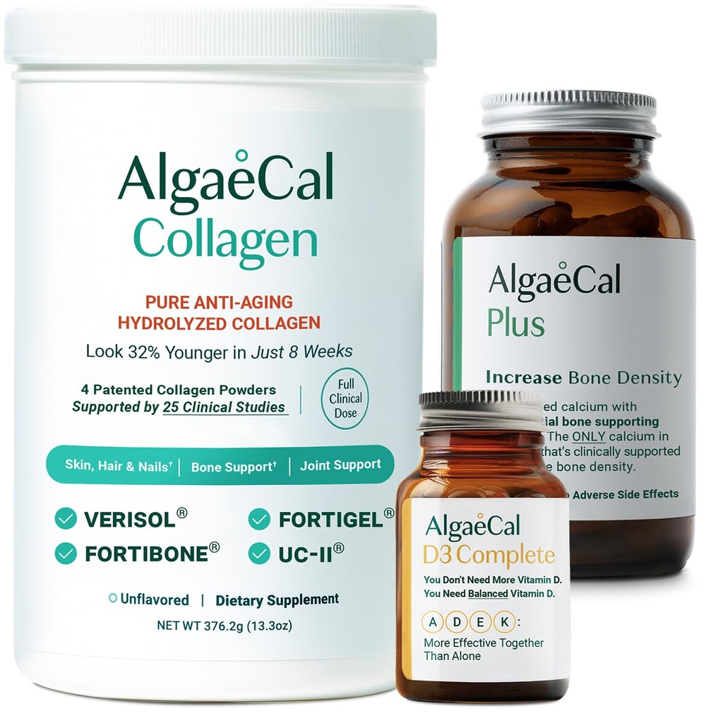 ALGAECAL Calcium, Vitamina D3 &amp; Collagen Bundle – Collagen hidrolizado con Verisol, Fortibone & Fortigel, Plus Calcium, Vitamina ADEK, " Trace Minerals for Bone Health " Anti-Aging