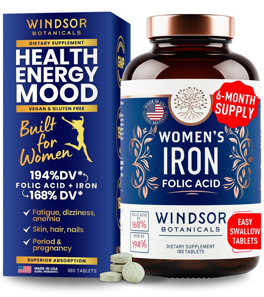 Suplementos de hierro y ácido fólico para mujeres - 35 mg Gentle Iron Vitamina, Folic Acid 400mcg - Anemia, Período, Apoyo al Embarazo Suplemento, Ferrous Sulfate Pills - 180 Vegan Non-Constipating Tablets