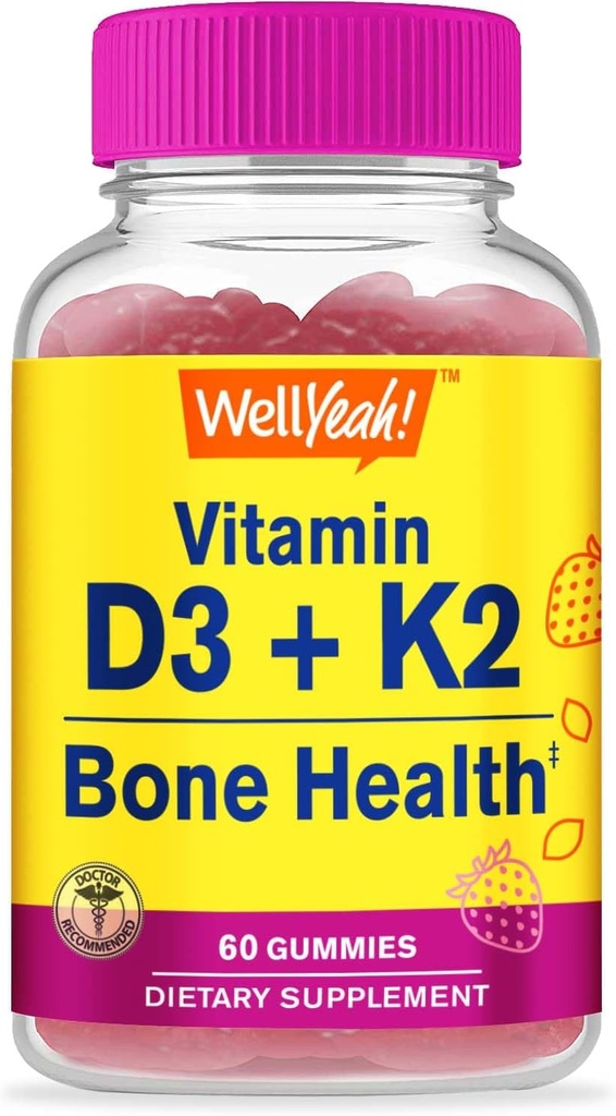 WellSí Vitamina D3 + K2 Gummies - Vitamina D3 1000 UI, K2 100 MCG - Bono y Muscle Health Support, Natural Flavors, GMO Free, Gluten Free, Vegan - K2 D3 Vitamin Supplement- 60 Gummies