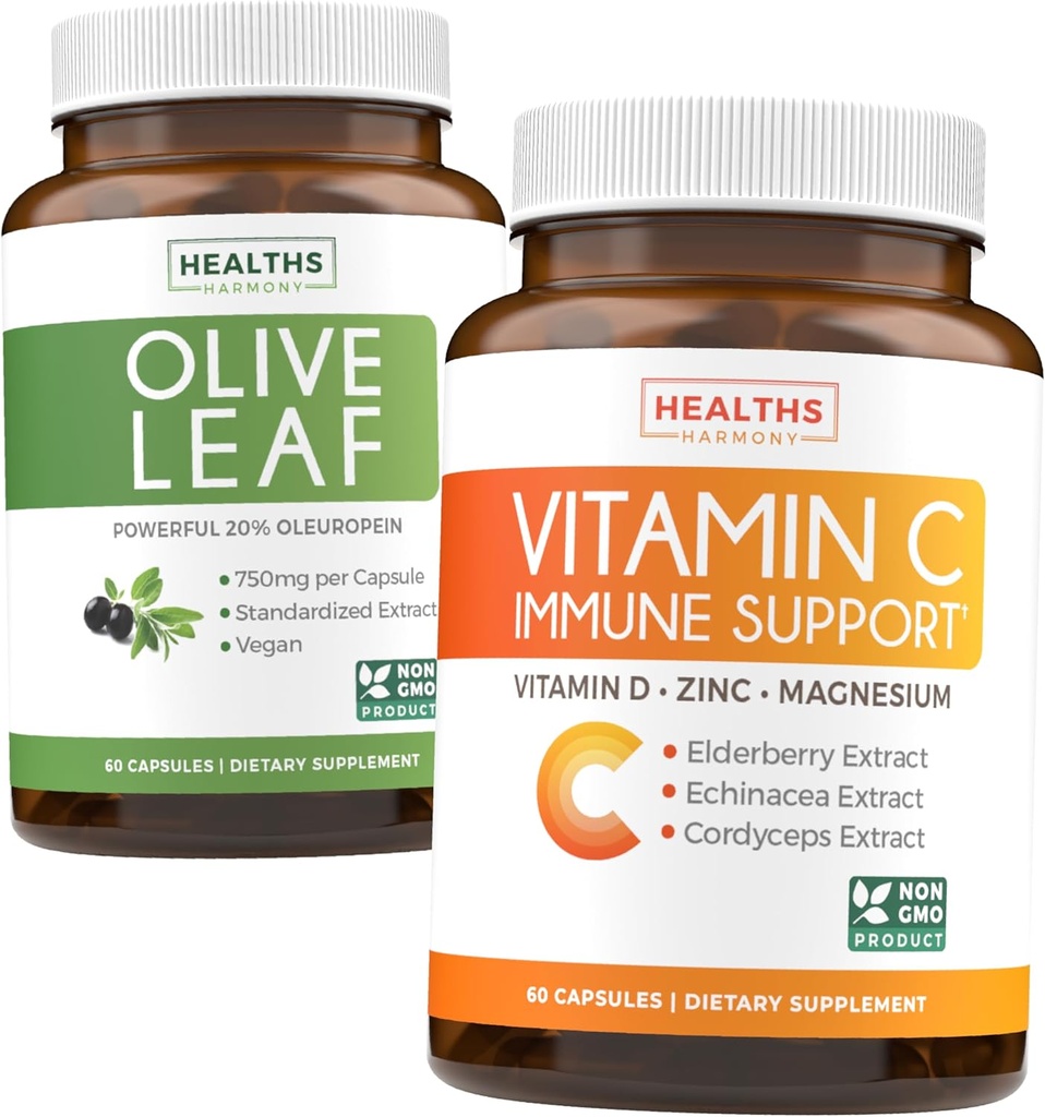 Guardar $4 (12% de descuento) - Herbal Immune Bundle - Oliva Leaf Extracto (No-GMO) Super Fuerza: 20% Oleuropein 750mg caps y Immune Support - Vitamina C con Zinc, Vitamina D, Elderberry &amp; Echinacea (No-GMO)