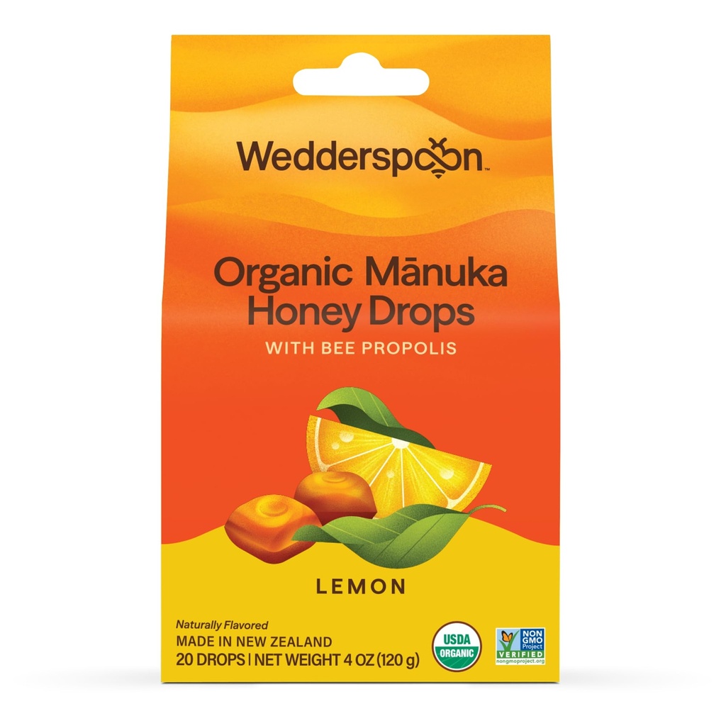 Wedderspoon Organic Manuka Honey Drops, Lemon & Bee Propolis, 20 Conde (Pack of 1) ← Genuine New Zealand Honey ← Perfect Remedy For Dry Throats