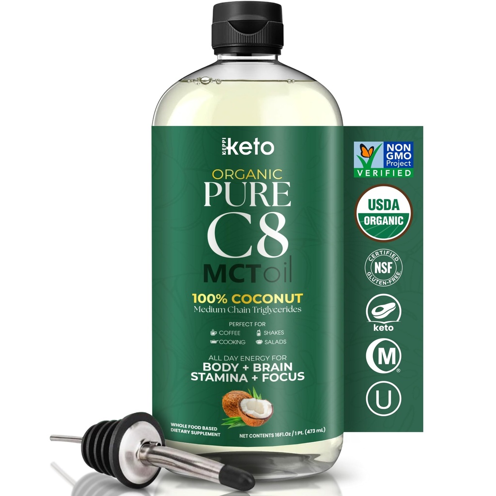 Keppi Organic MCT Aceite - Sin sabor C8, No GMO, Orgánica Certificada, Libre de gluten, Aceite de palma, Vegan, Kosher, Halal, 16 oz Aceite de coco