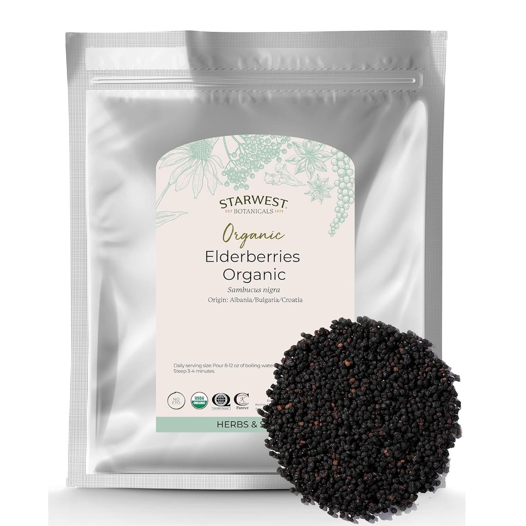 Elderberries Ecológicos de Starwest - Elderberries secos para Syrup, Té, Gummies, " Jam, Natural Immune Support, Certified Kosher, Non-GMO - Bulk 1 lb Bag