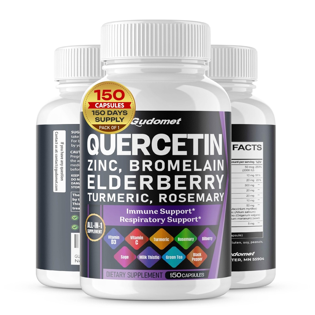 Quercetin Bromelain Zinc Vitamin D3 Elderberry Turmeric Rosemary Bilberry Sage Odorless Garlic Green Tea Milk Thistle Oregano -150 Capsules