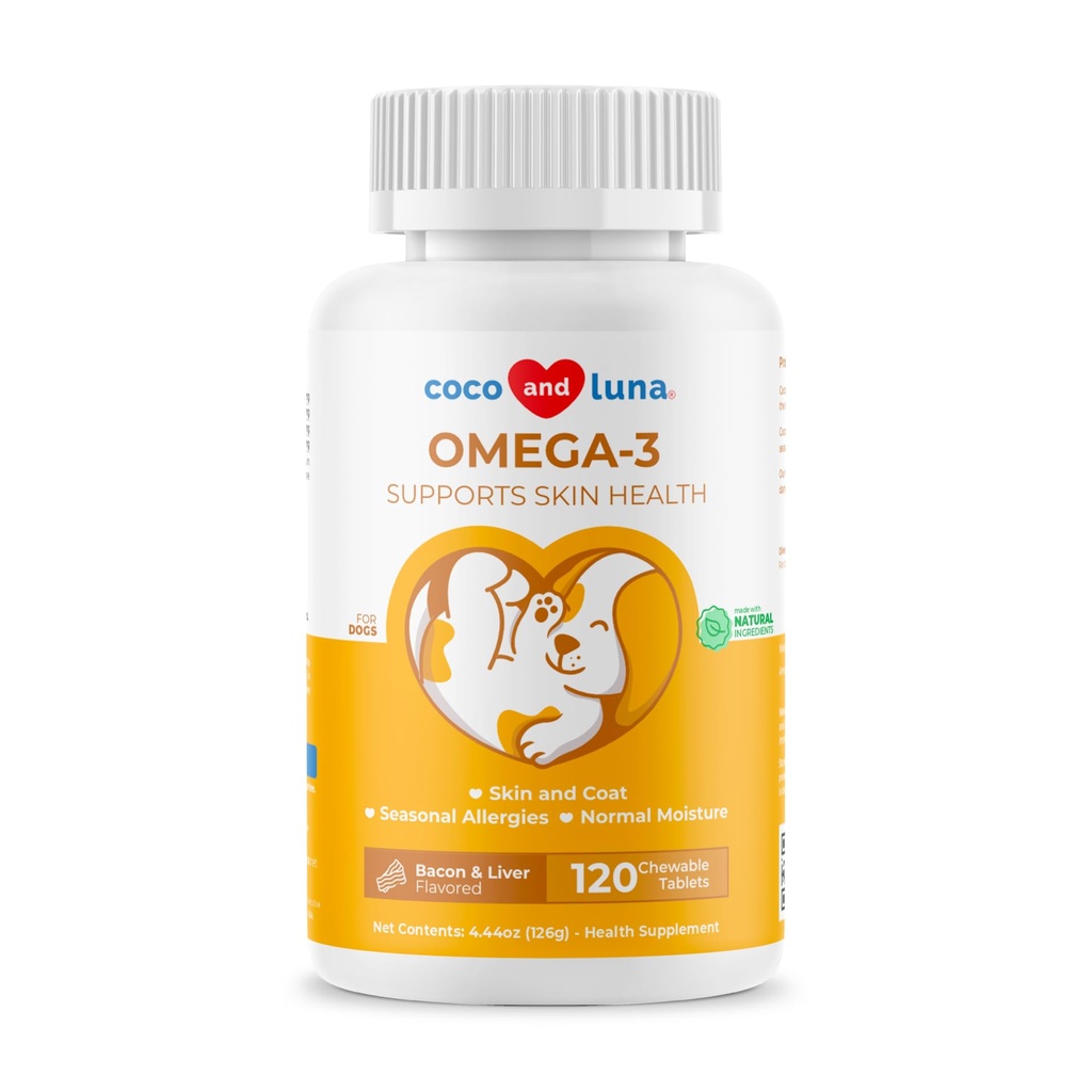Omega 3 Aceite de pescado para perros - 120 Tablas Chewable - con Omega 3, 6, y 9, Vitamina E para la cama de perros, picazón, piel seca, soporte cardíaco conjunto