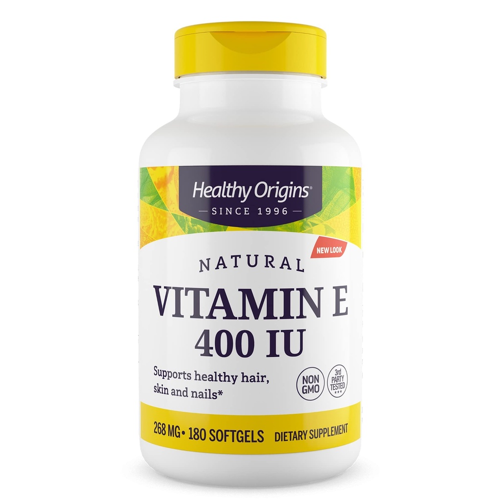 Origenes saludables Vitamina E 400 UI (Natural, no GMO, Gluten Free, Skin Support, Cardiovascular Support), 180 Softgels