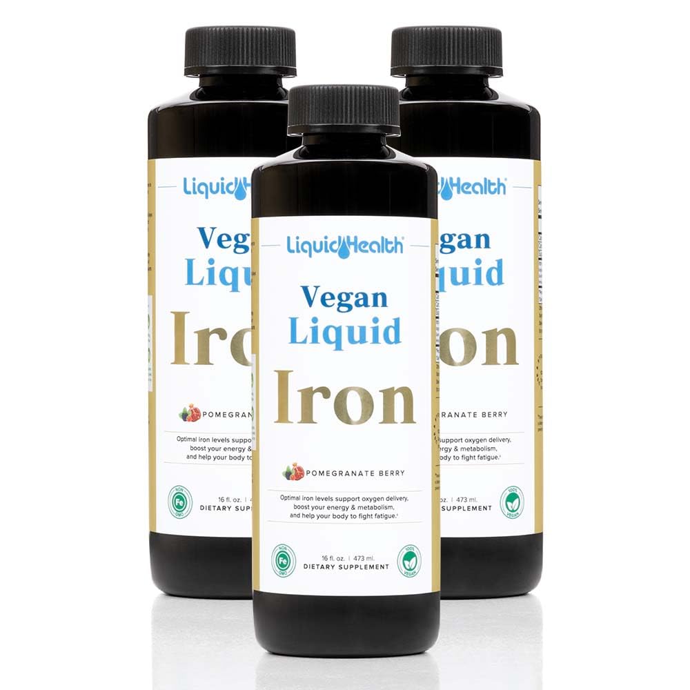 LIQUIDHEALTH Vegan Liquid Iron Supplement with SunActive & Ferrochel Fe - Natural Energy, Immune System " Metabolic Support, Increase Mental Clarity, Prenatal/Postnatal - USA Made, Non-GMO (3 Pack)