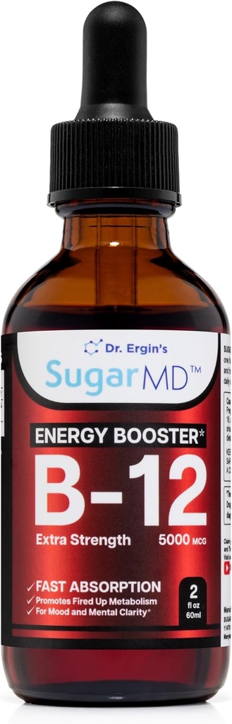 SugarMD Vitamina B12 5000 mcg Liquid Drops – 2 fl oz (60ml) Energy Drops for Women and Men – Non-GMO & Gluten Free Liquid B12 Drops with Maximum Absorption Formula