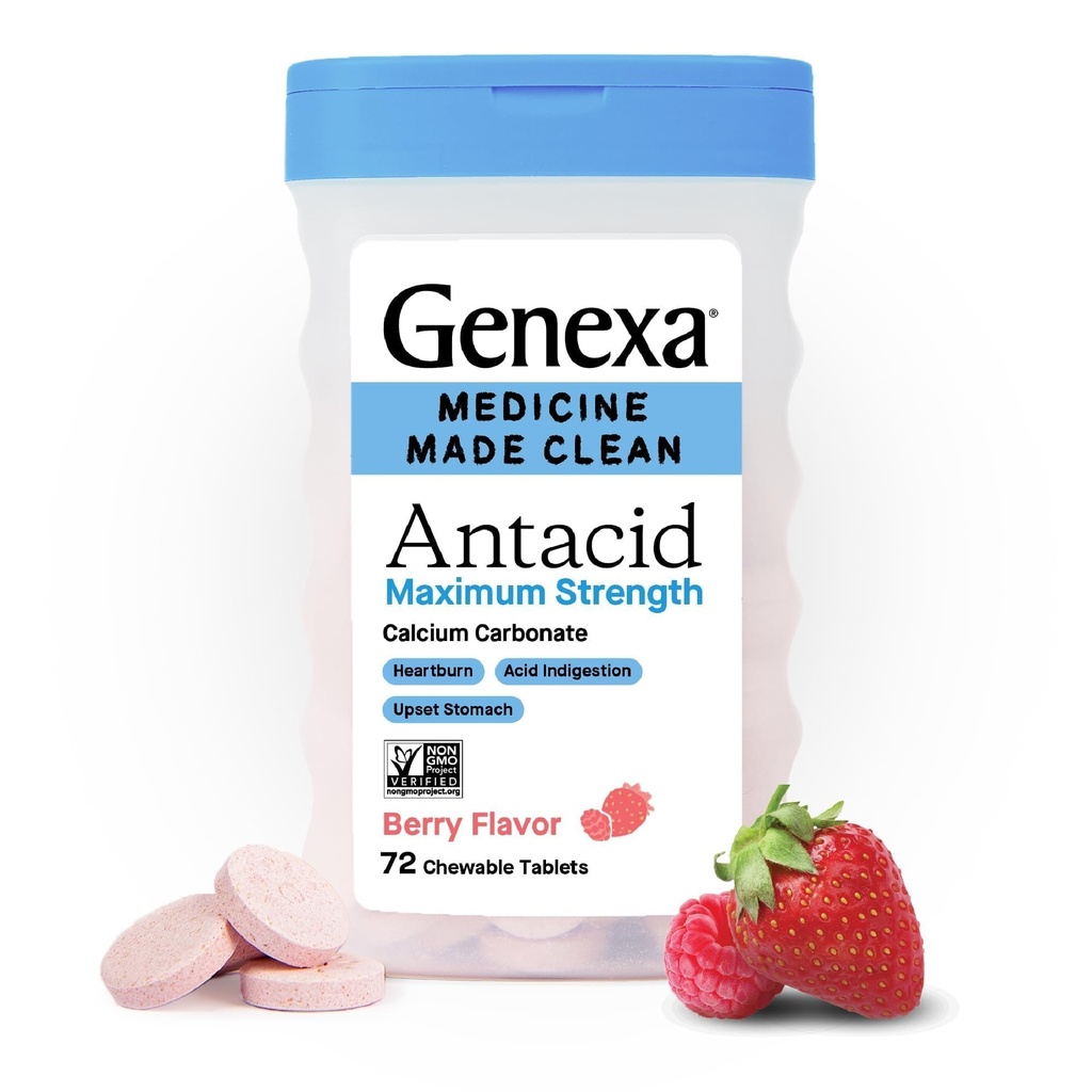 Genexa 3 Pack Clean Antacid Chewable Tablets ← Maximum Strength Calcium Carbonate for Heartburn, Acid Indigestion & Upset Stomach Relief ← Dye Free, 0% Artificial Additives ← Berry Flavor, 216ct