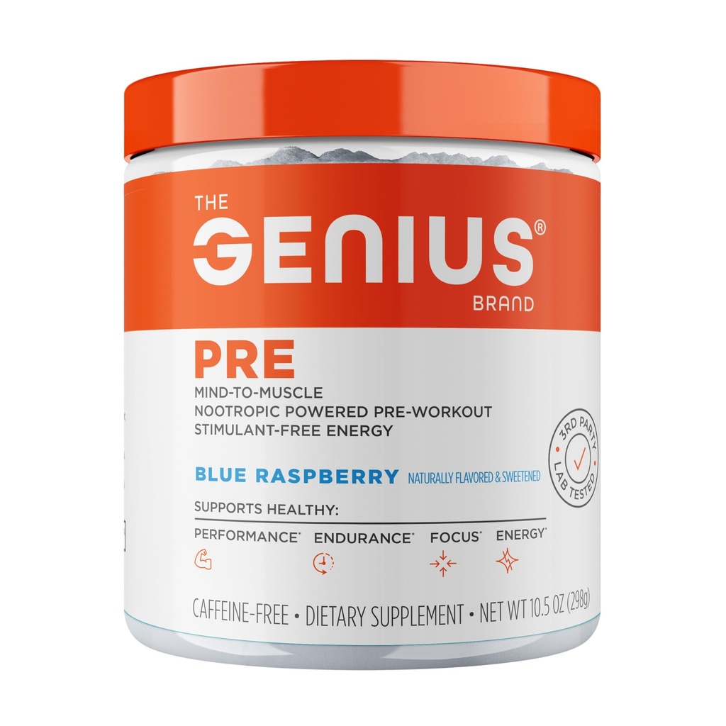 The Genius Brand Genius Pre - Clean Pre-Workout Powder for Energy, Focus &amp; Fitness Support - No Artificial Flavors, Preservatives, or Proprietary Blends - Non-GMO - 20 Servings - Blue Raspberry