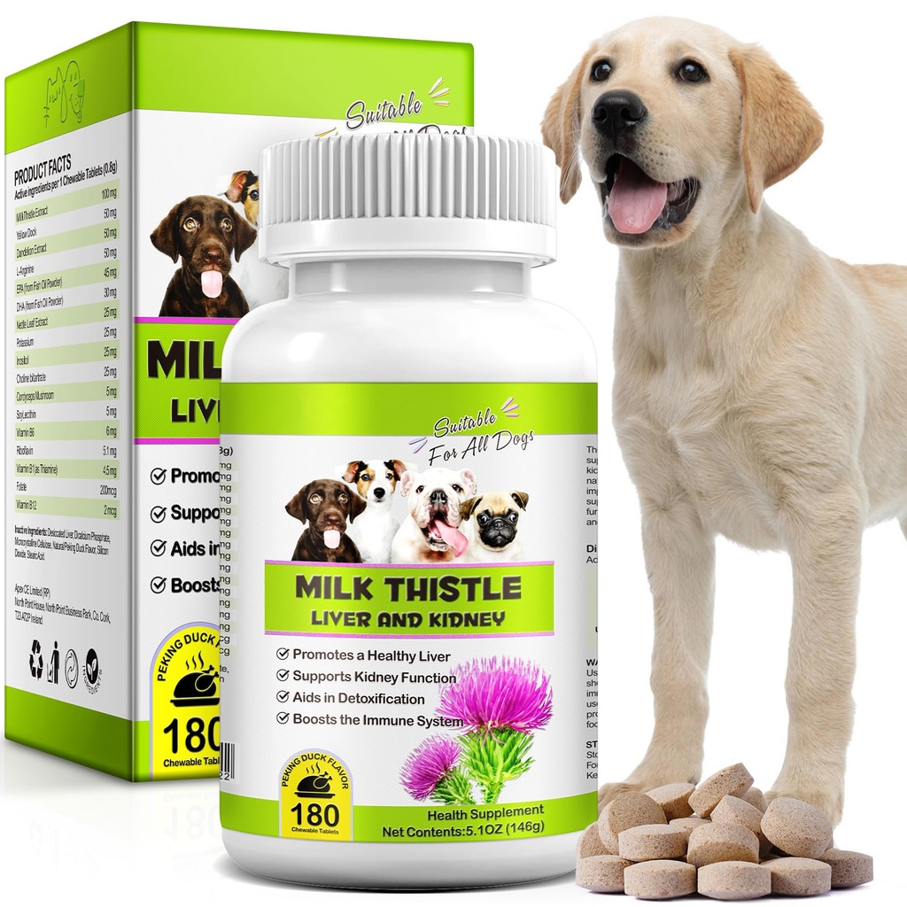 Esteto de leche para perros, 180 tabletas de madera suave suplemento de cardo para perros Soporte para animales naturales para mascotas, limpieza de riñón &amp; reparación, boostos sistema de manivela
