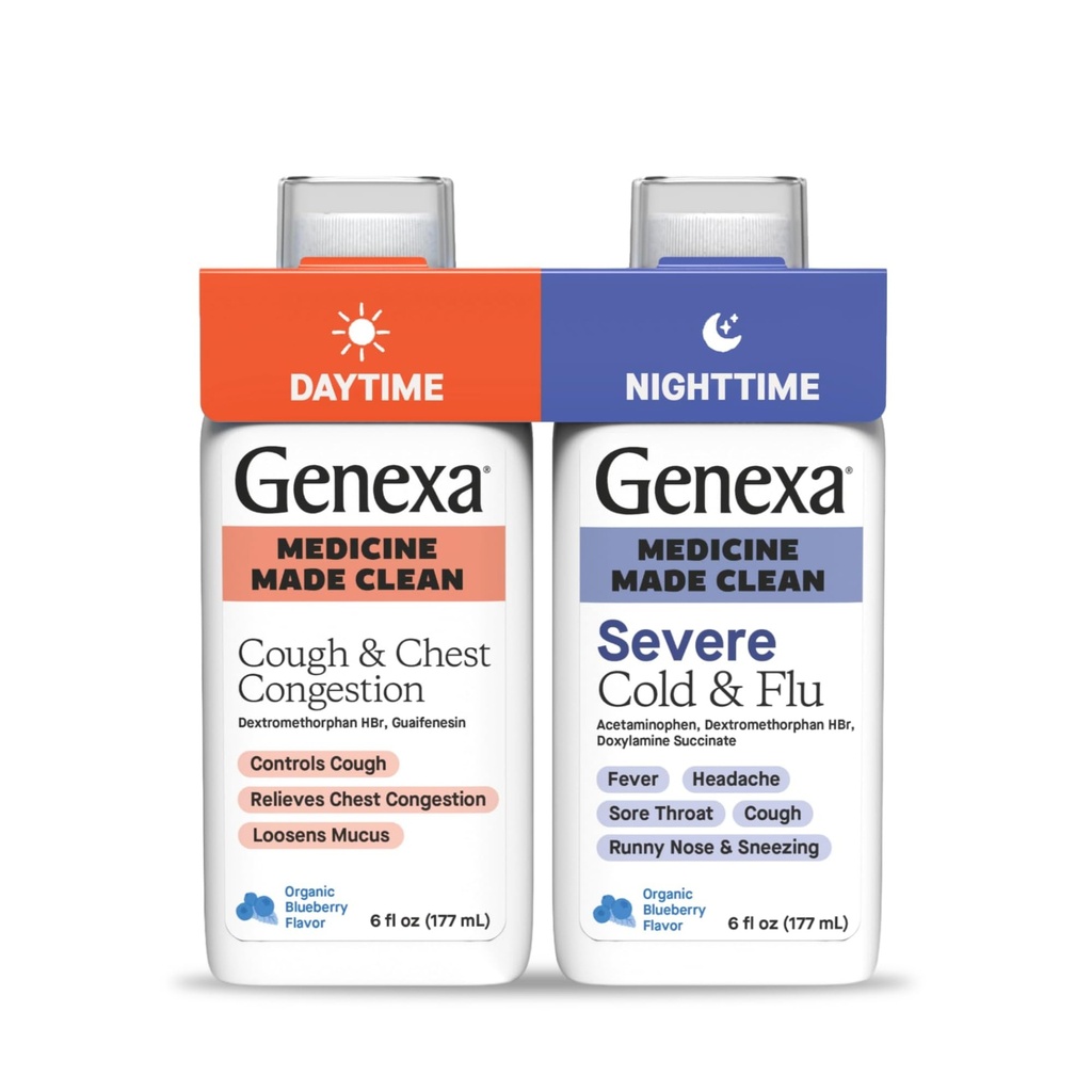Genexa Daytime Cough " Congestion + Nighttime Severe Cold " Flu Combo Pack, Dye Free, 0% Artificial Additives, Liquid Multi-Symptom Cough, Cold, " Flu, Organic Blueberry Flavor, 12 fl oz (2 Pack)