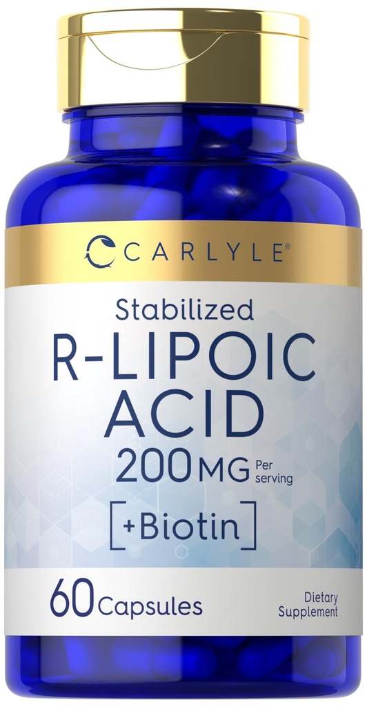 Carlyle R-Lipoic Acid 200mg TEN 60 Capsules TEN Stabilized RLA with Biotin ← Non-GMO, Gluten Free