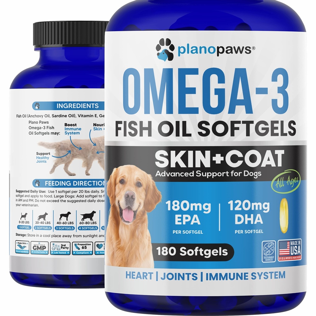 Omega 3 aceite de pescado para perros cápsulas - Aceite de salmón para perros - Suplemento de aceite de pescado de perro mayo ayuda a la cama, alergia, picazón - soporte piel seca, articulaciones - piel de perro y suplemento de la carne - 180 píldoras de aceite de pescado