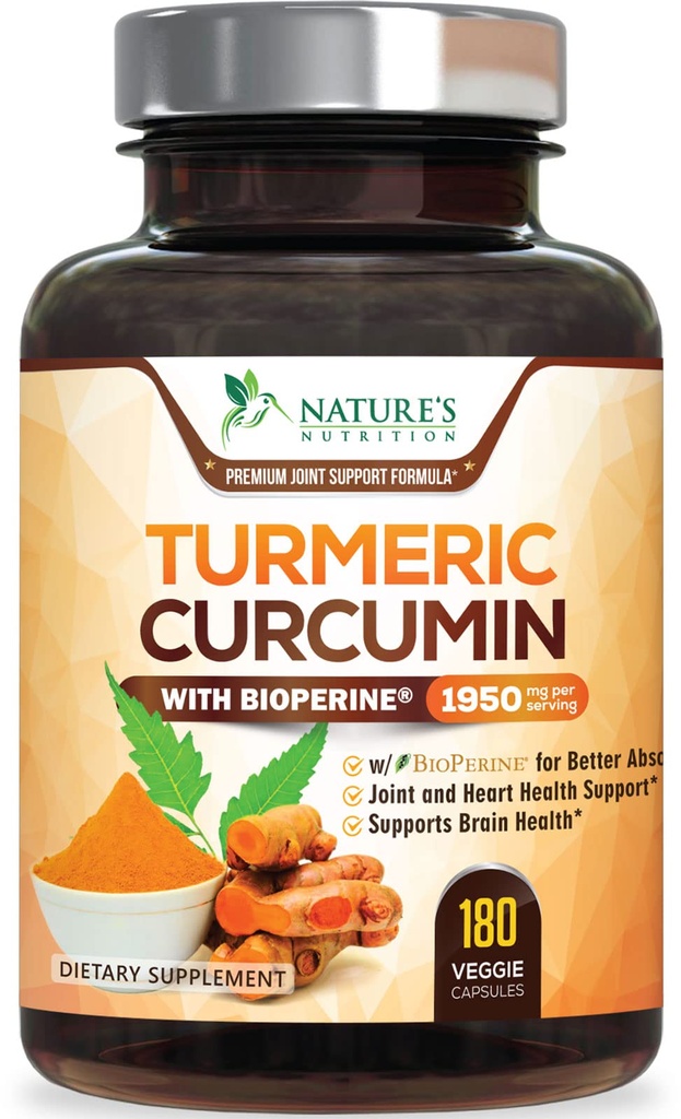 Curcumin Turmeric Suplemento 1950mg - 95% Curcuminoides con Turmeric Orgánica " BioPerine Black Pepper Extract for Best Absorption, Nature's Vegan Joint Support, Non-GMO, Bottled in USA - 180 Capsules