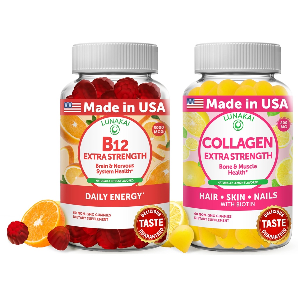 Lunakai Vitamina B12 y Collagen Gummies Bundle - 3000 mcg Methylcobalamin High Absorption Energy Gummies - Non-GMO Anti Aging Supplements for Men &amp; Women - 30 Days Supply