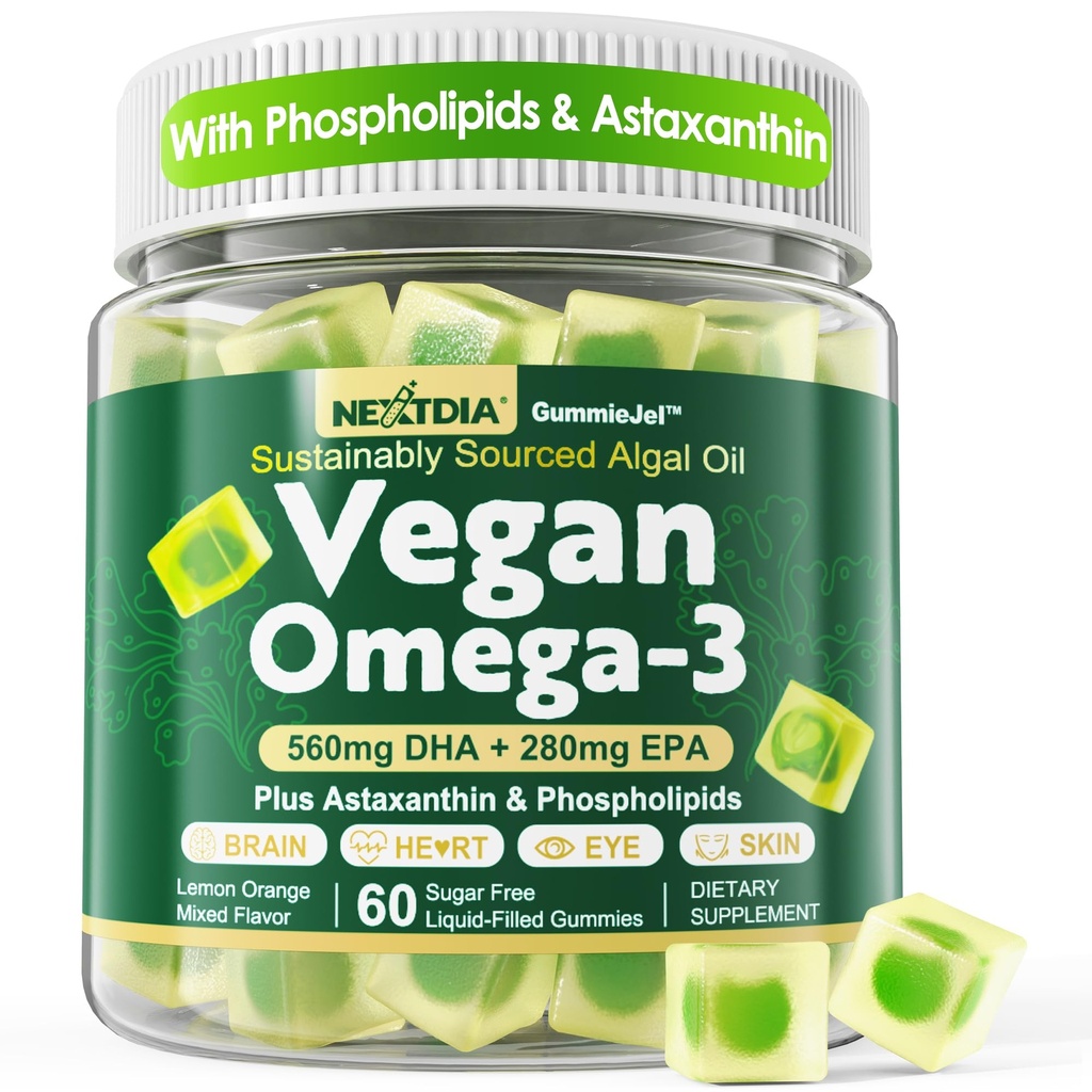 Vegan Omega 3 Gummies + Phospholipids, Astaxanthin, Vitamina D3, DHA 560mg &amp; EPA 280mg, Algae Omega 3 sin pescado Suplemento para adultos &amp; niños para cerebro, ojo, piel y salud general, azúcar gratis, 60 Cts