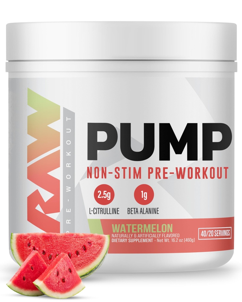 Bomba RAW Stim Free Pre Workout (Watermelon) - No estimulante Pre Workout Suplemento Powder Nitric Oxide Booster - Pre Workout Suplementos Bebida para Durante el entrenamiento - 40 Servimientos