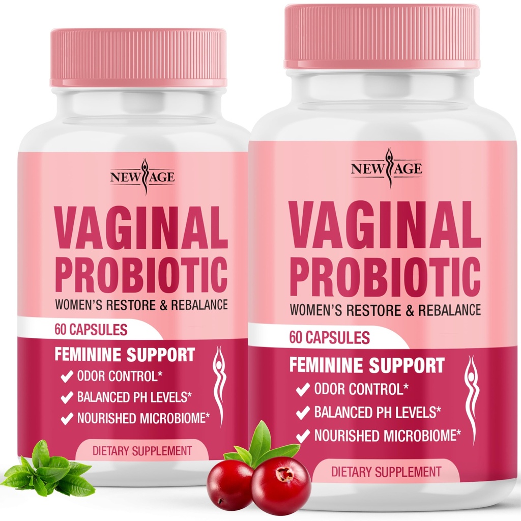 NUEVO AGE Vaginal Probióticos para Mujeres con Prebióticos, Extracto de Arándano, y un Lactobacillus Probiotic Blend, apoya el equilibrio de pH saludable, control de olores, flor vaginal - 120 cápsulas