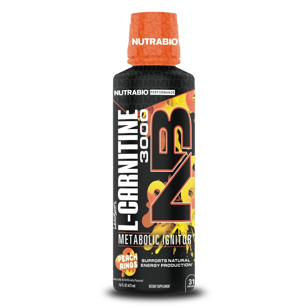 NutraBio – L-Carnitine Liquid Shots – 3000mg, (Peach Rings) – 10 mg de vitamina B-5 – Zero Carbs & Sugars – Producción de energía – Recuperación de músculos