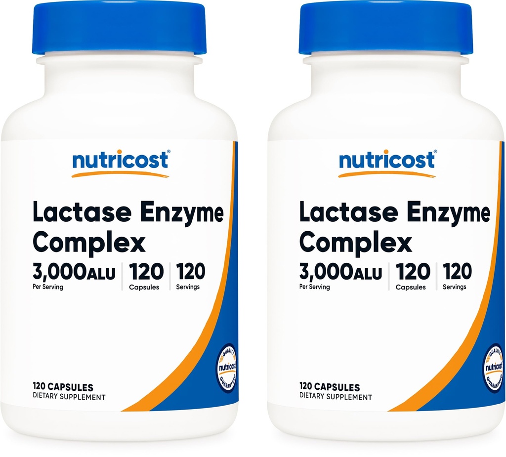 Complejo Nutricost Lactase Enzyme 3000 FCC ALU, 120 Veggie Capsules - Non-GMO, Gluten Free, 120 Servings (2 Bottles)