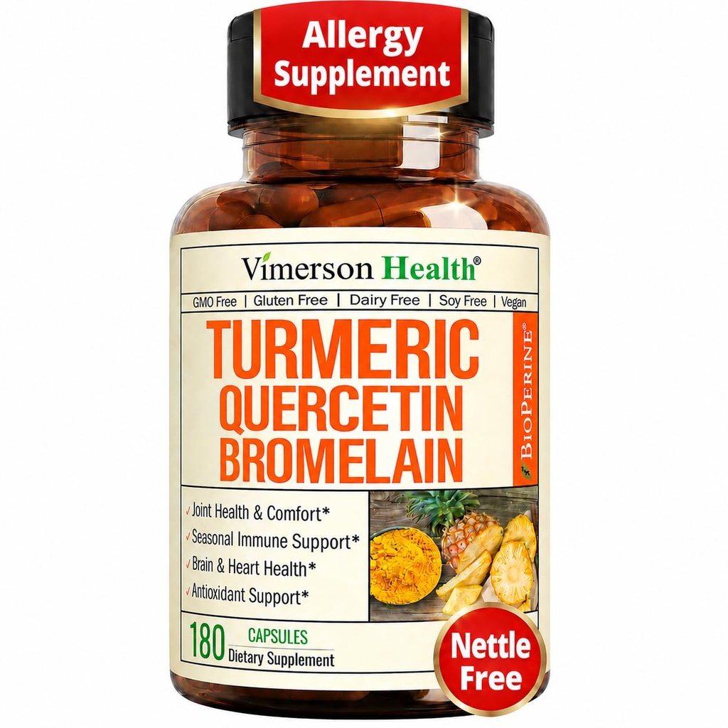 Quercetina con Bromelain Turmeric Curcumin Suplemento – Alivio de Alergia, Soporte Conjunto &amp; Inmuno – Suplemento Turmérico Orgánico con Pepper Negro (Bioperina) – 180 Quercetina 500mg cápsulas
