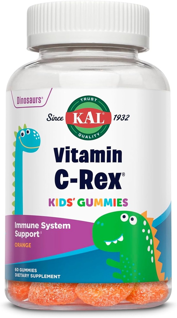 KAL Vitamina C-Rex Gummies para niños, Vitamina C Gummies para niños, Inmune saludable, huesos, músculo &amp; Skin Support Vitamina C Gummy, Vegan, Gluten Gratis, 60 Días Garantía de devolución de dinero, 30 Serviciones, 60 Gummies