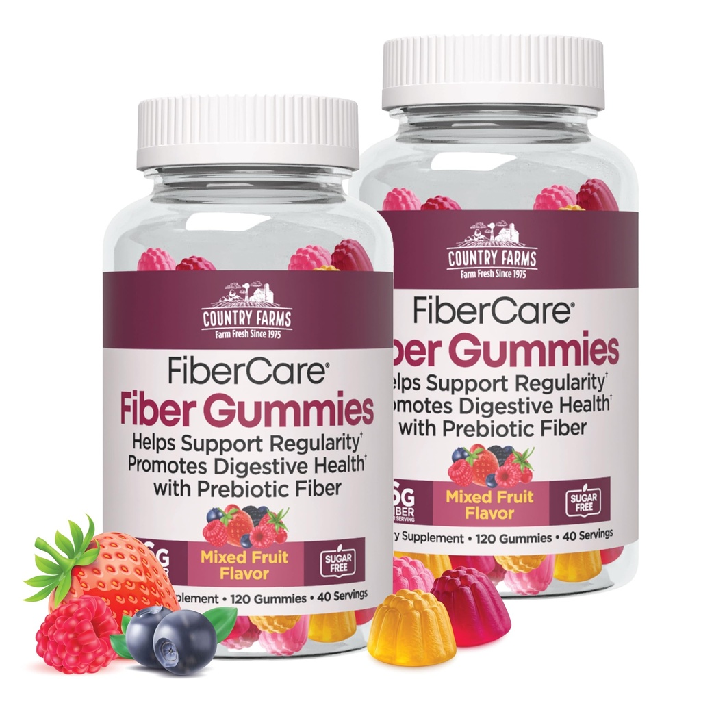 Country Farms Fiber Care Prebiotic Gummies, 6g of Fiber Per Serving, FOS de Beets, Digestive Health, Supports Regularity, Mixed Fruit Flavor