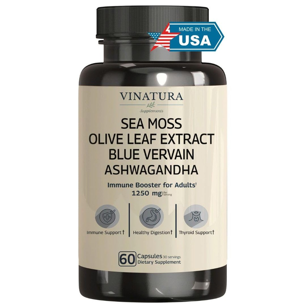 VINATURA Organic Sea Moss, Blue Vervain - con Black Seed Oil, Ashwagandha, Ginger, Burdock Root Capsules - 1250mg por Serving, *USA Made &amp; Tested* Immune Booster para Adultos