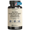 VINATURA Organic Sea Moss, Blue Vervain - con Black Seed Oil, Ashwagandha, Ginger, Burdock Root Capsules - 1250mg por Serving, *USA Made &amp; Tested* Immune Booster para Adultos