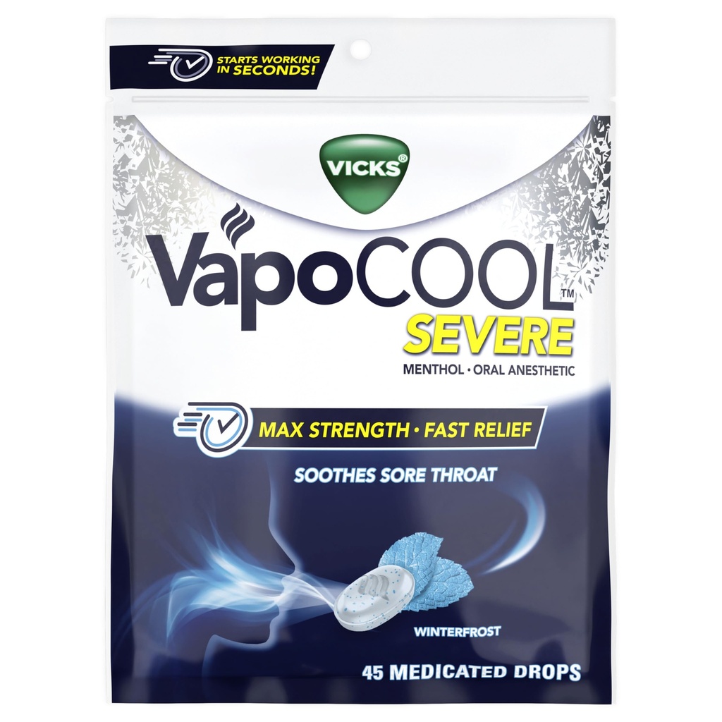 Vicks VapoCool Severe gotas de garganta de llanta medicada, Max Strength Menthol, Soothes Sore Throat Pain, Winterfrost Flavor, 45ct